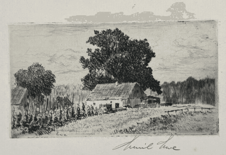 Antique Etching Original Landscape, Forest, Trees, House, Garden image 1