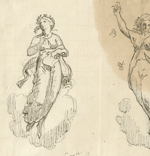 Antique Ink Drawing 19th century Two Sculpture Women, Goddess Artwork image 2