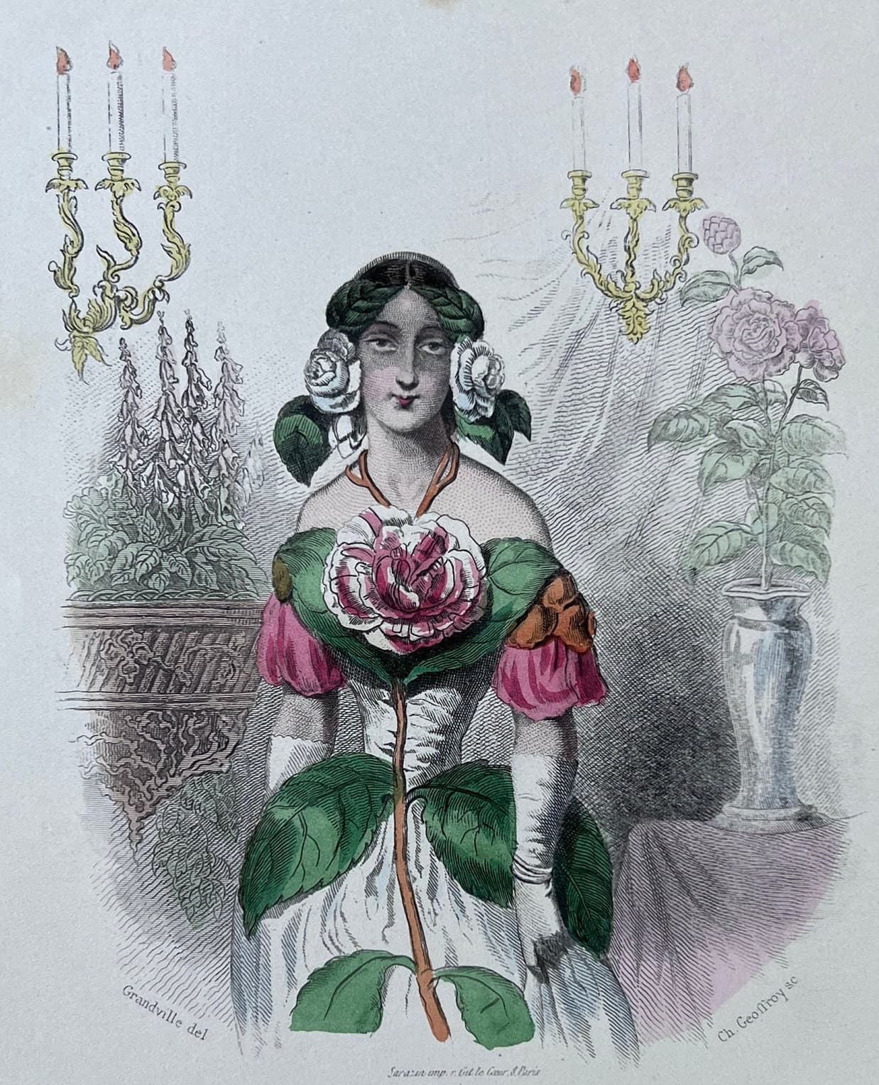 Elegant Floral Personification Camellia by Jean Ignace Isidore GRANDVILLE image 1