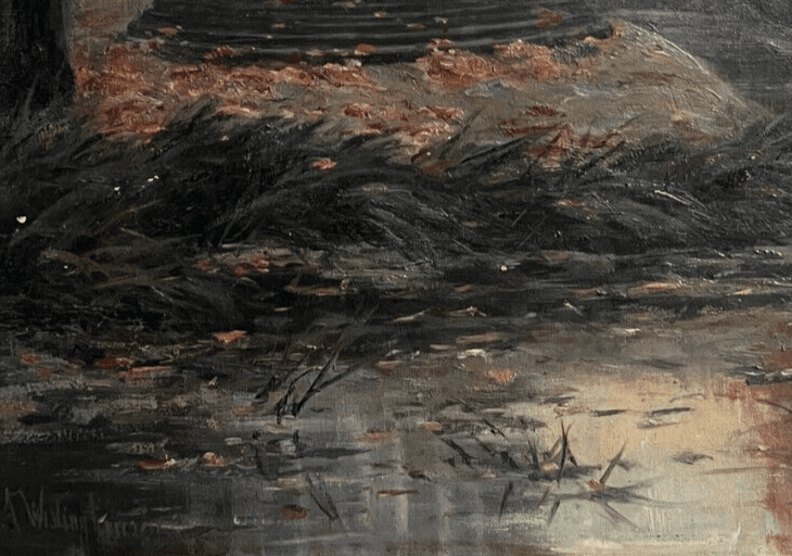 Antique Painting Original Landscape, Architecture, Sunset, Trees signed image 3