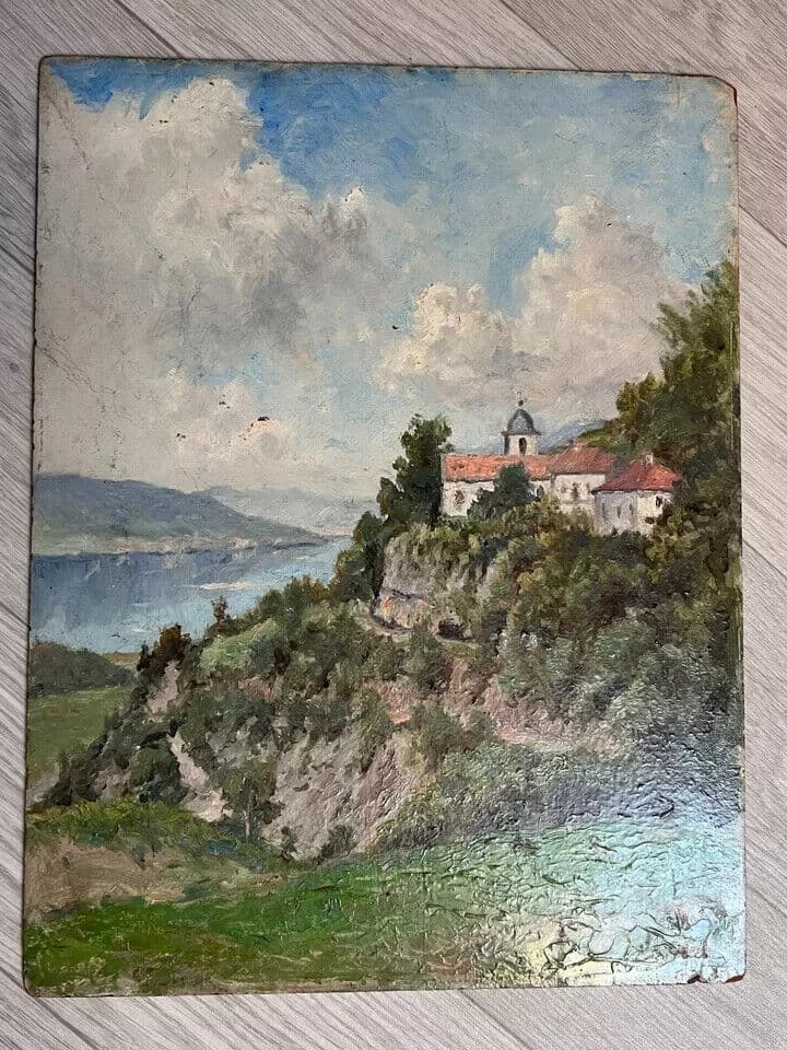 Antique Oil Vintage Original Painting Landscape Mountain Village, Lake image 6