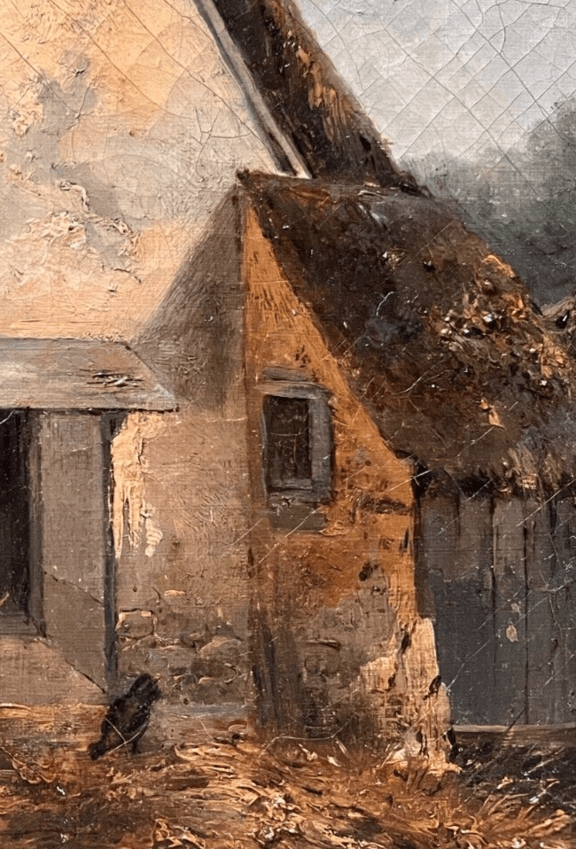 Antique Painting Original Landscape, Farm, Chicken, Man, House 19th century image 5