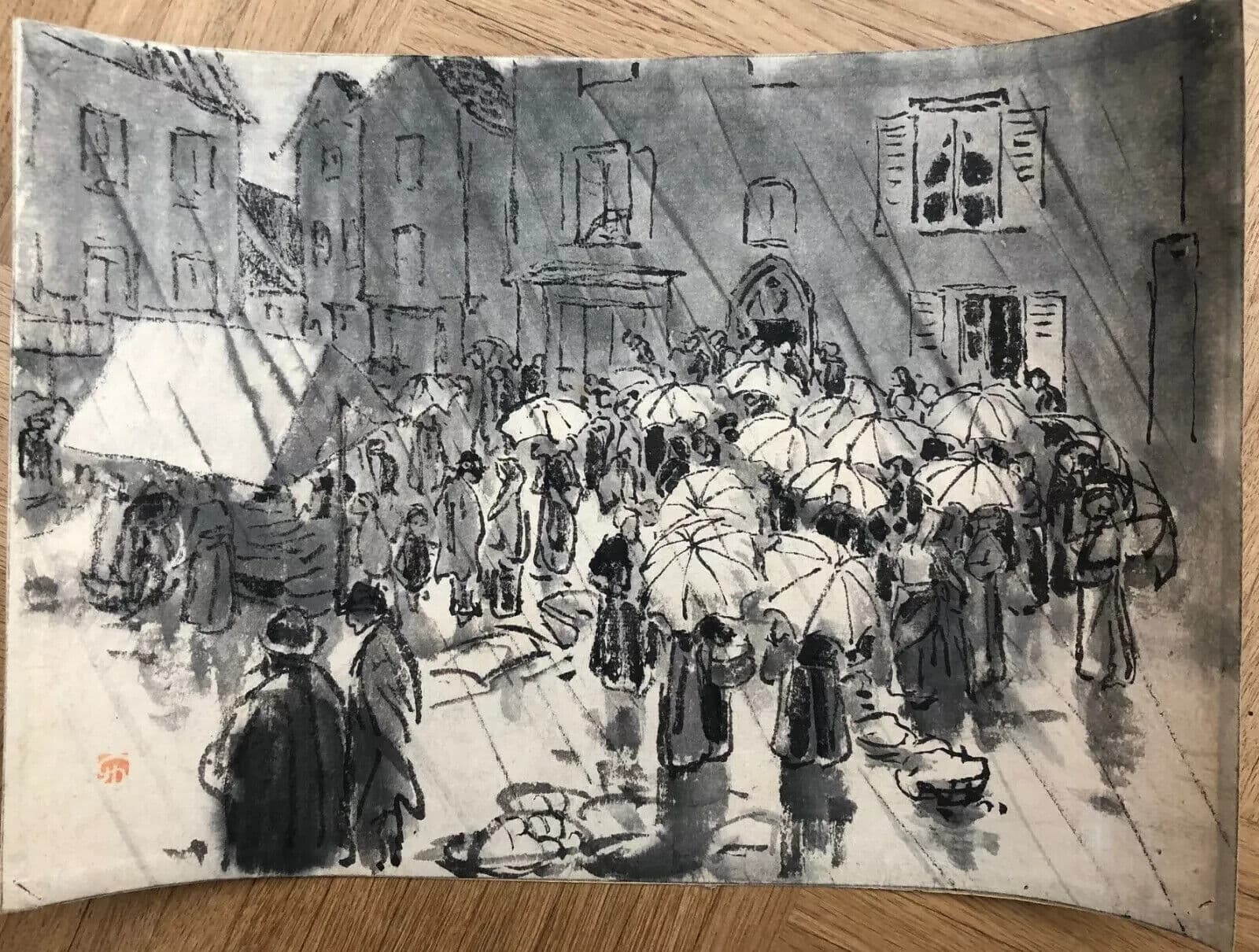 Antique Drawing Characters in the Rain By Jules CHADEL (1870-1942), Umbrellas image 6