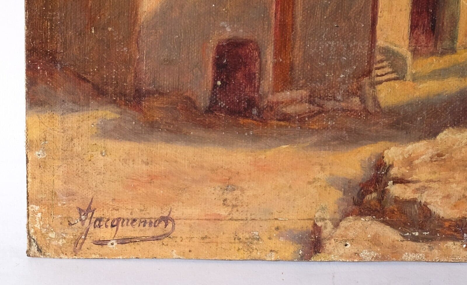 Antique Oil Painting on Canvas Landscape, Houses, Village signed image 5