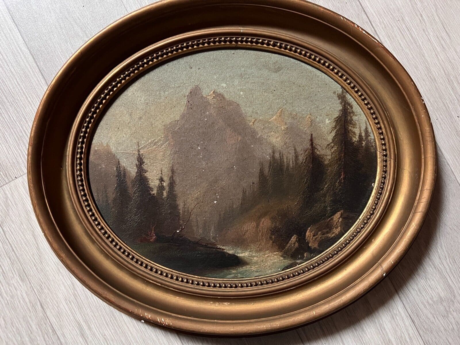 Antique Painting Original Landscape, Mountain, River, Trees, Berner Oberland