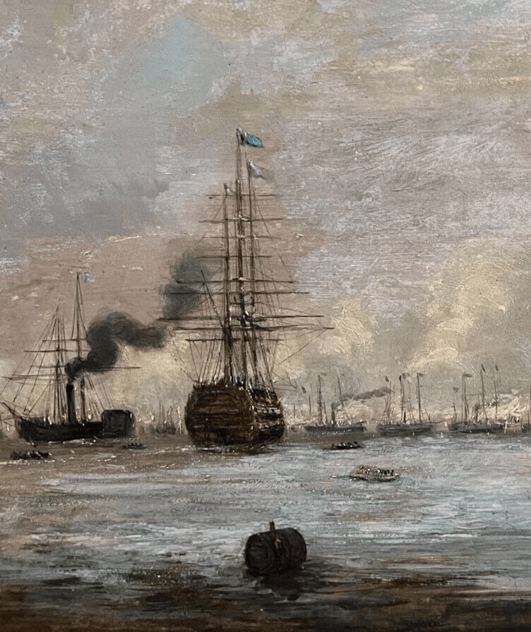 Antique Painting Original Flemish 19th Maritime Landscape Boats at Sea image 3