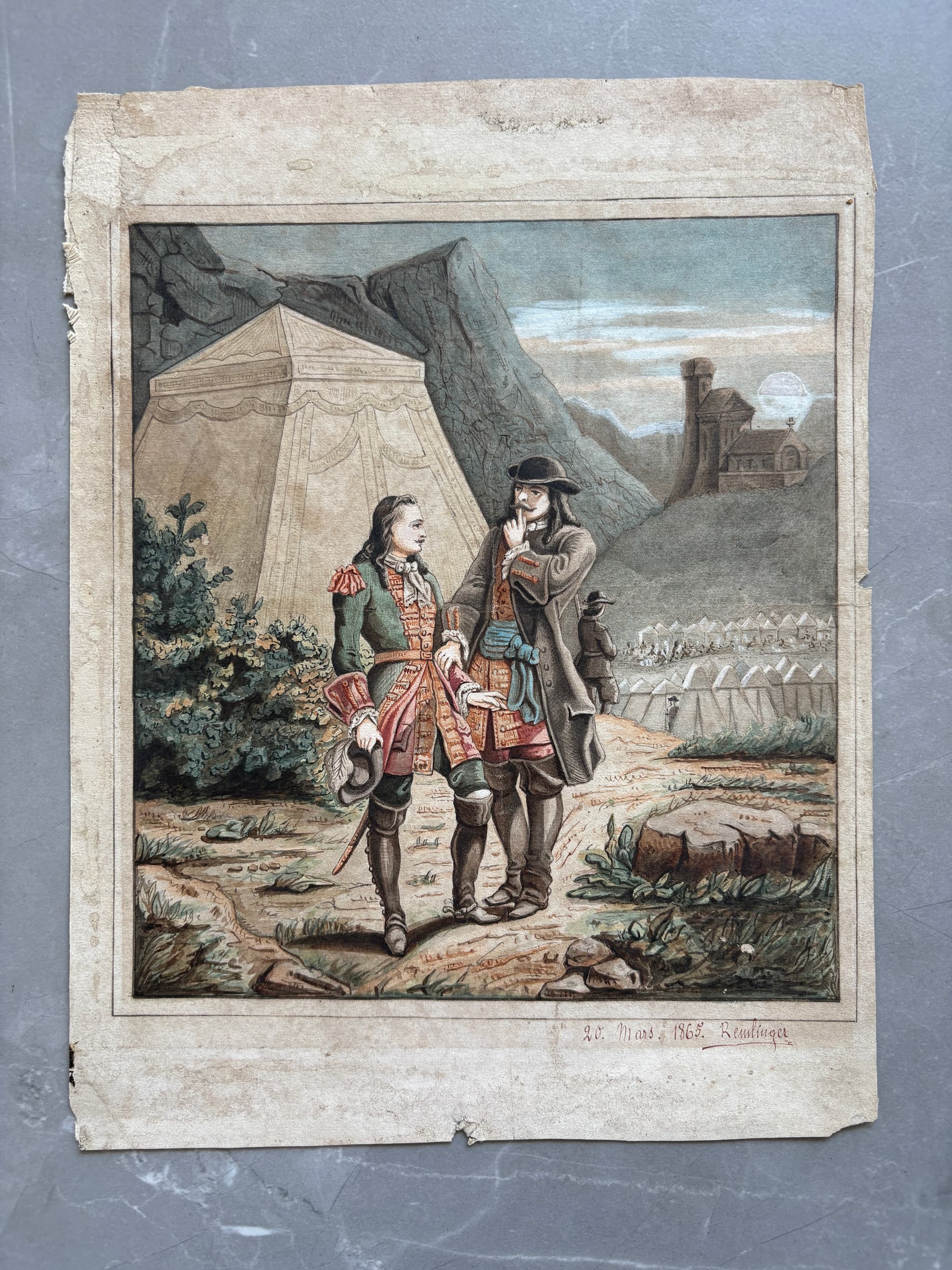 Antique Original Drawing People, Men, War, Military, Landscape image 3
