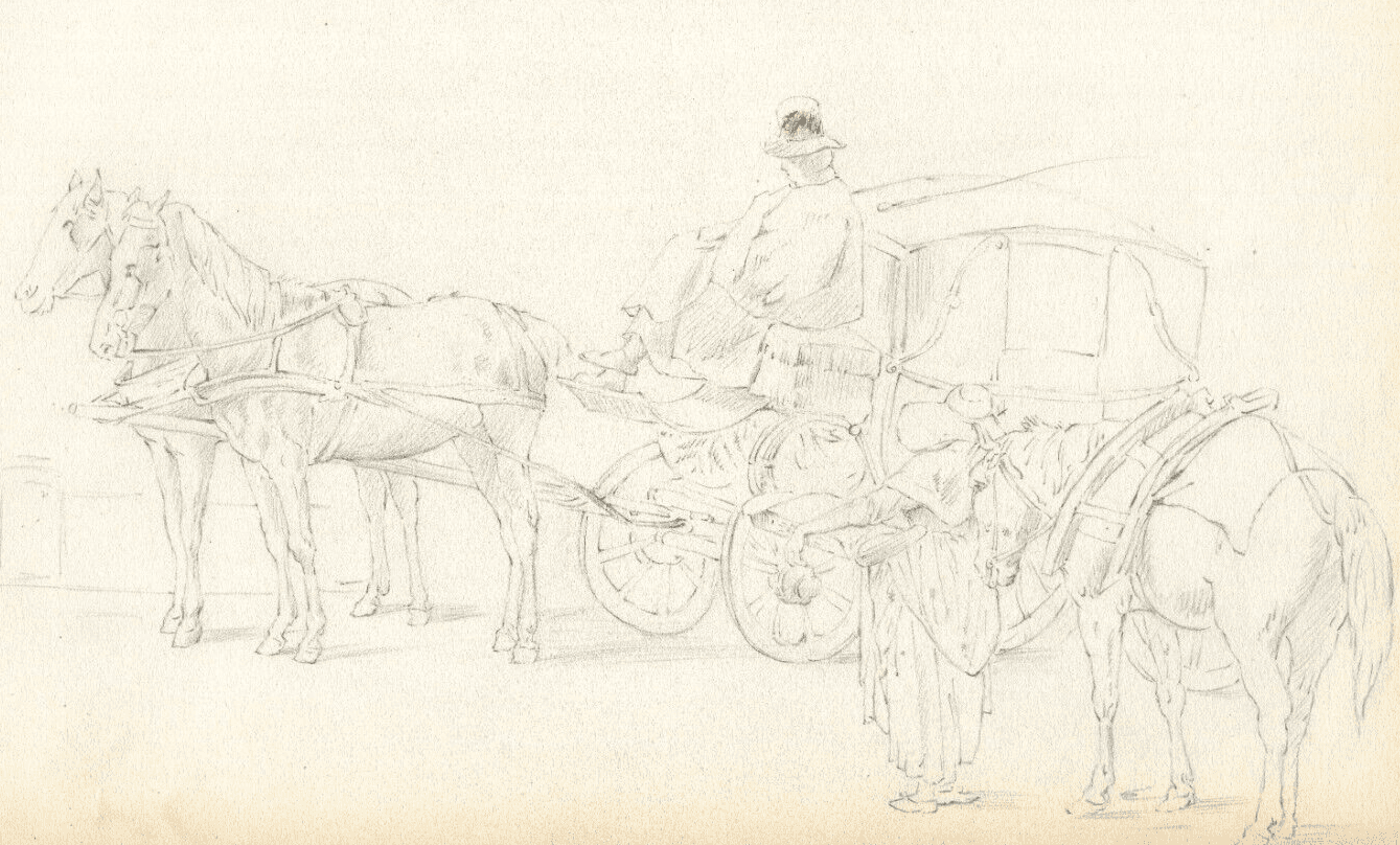 Vintage Pencil Original Drawing Carriages, Characters and Horses image 1