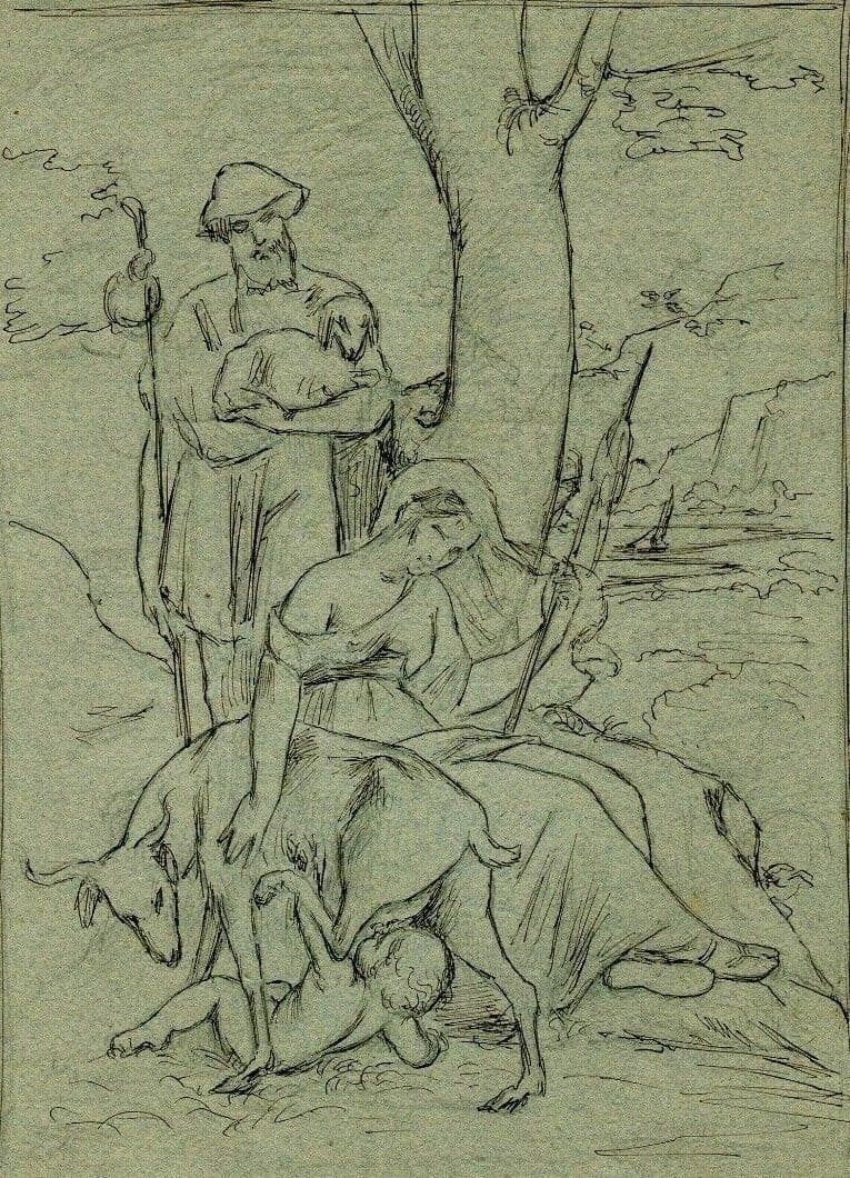 Antique Ink Original Drawing 19th century Religious Scene Figures, Goat and Kid image 1