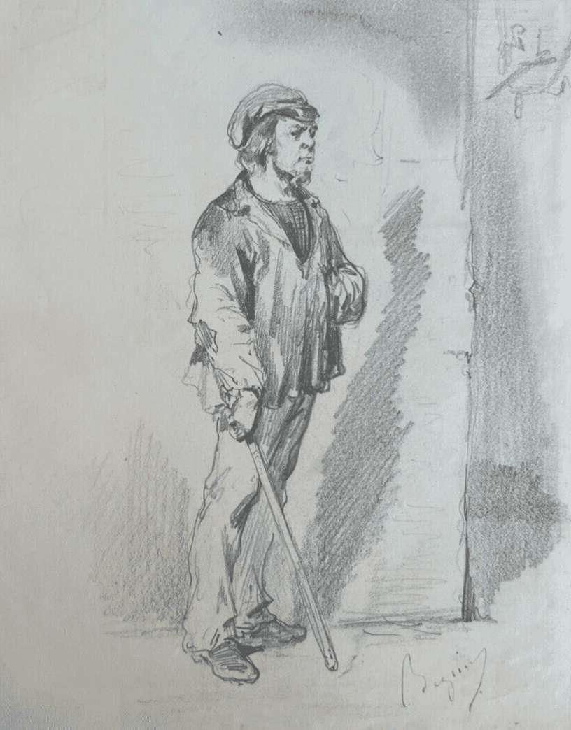 Antique Original Drawing 19th century Man Portrait with Stick signed image 1