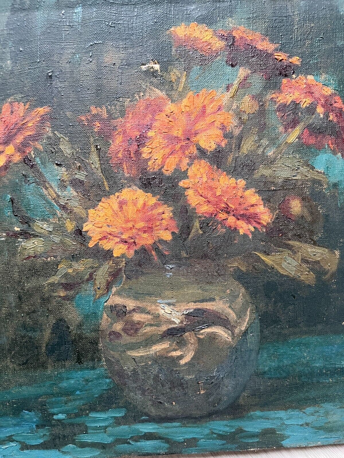 Antique Oil Painting Original Still Life, Flowers, Vase signed image 2