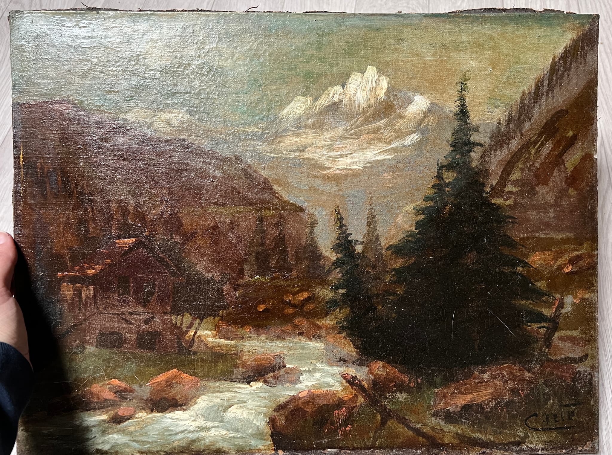 Painting Chalet River Mountain Landscape image 3