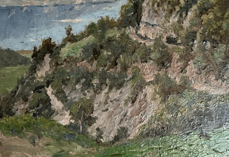Antique Oil Vintage Original Painting Landscape Mountain Village, Lake image 4