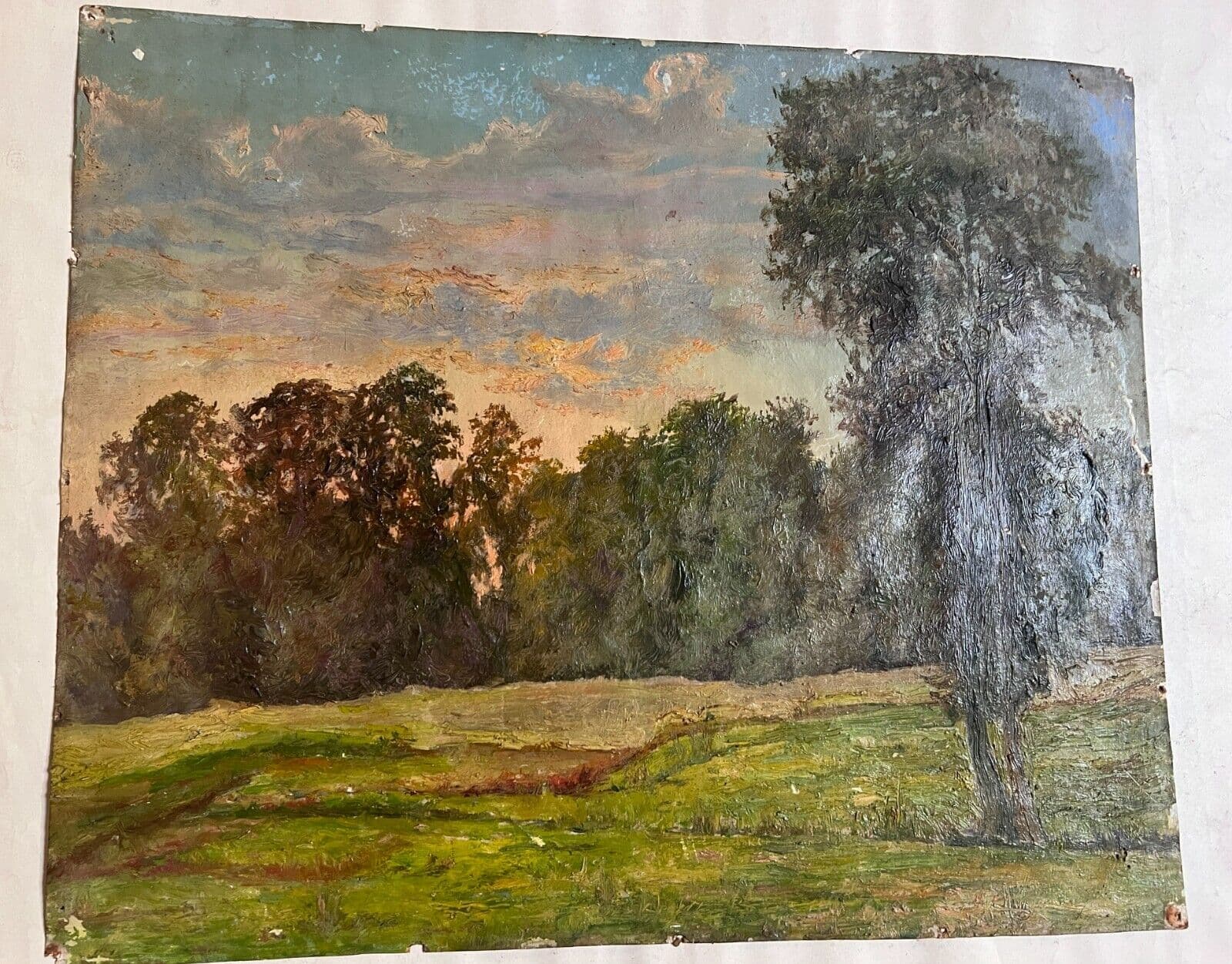 Antique Original Painting Landscape, Forest, Tree, Sunset, Nature image 7