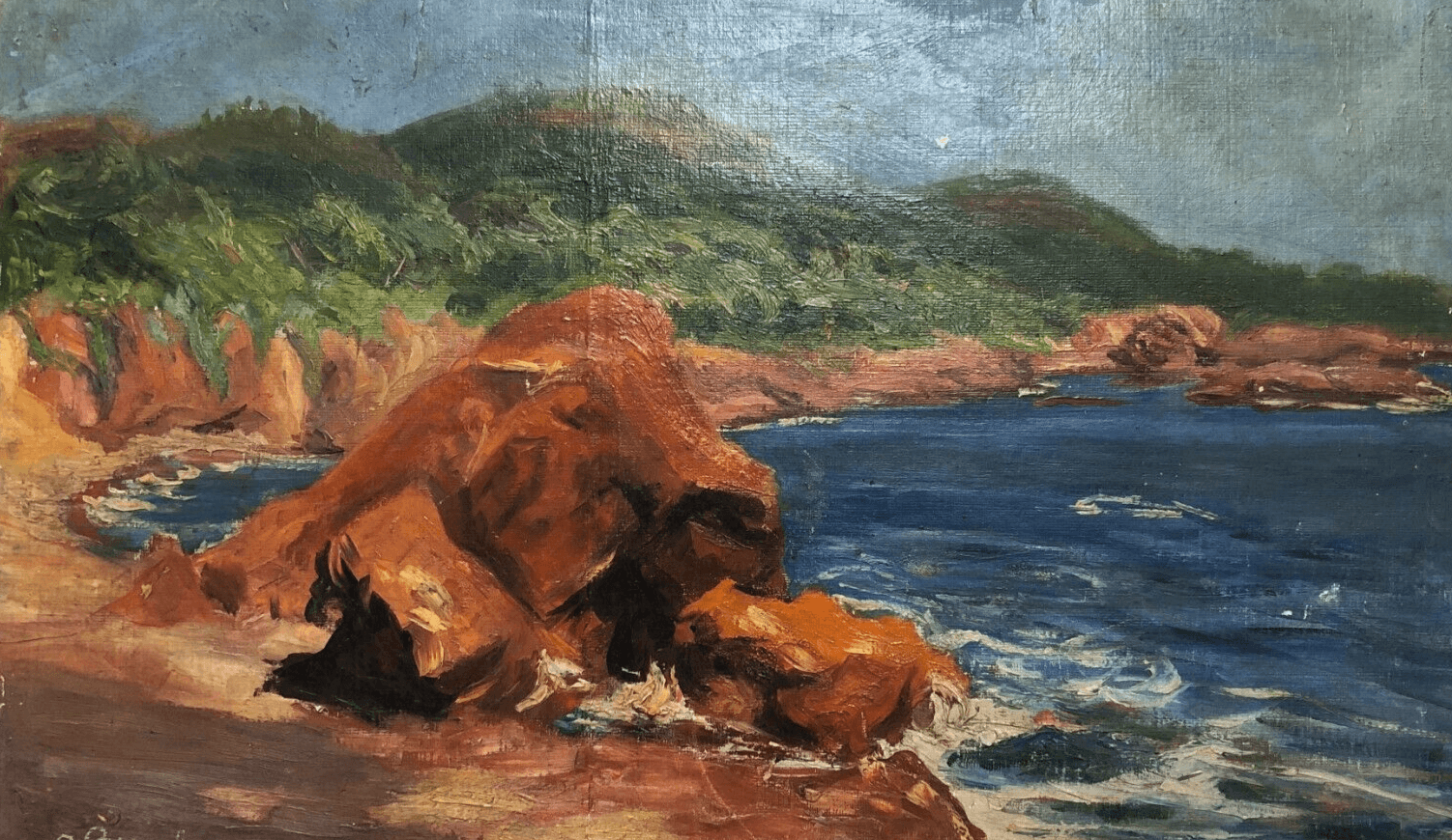 Antique Oil Painting Seascape Landscape Maritime View, Rocks signed image 1