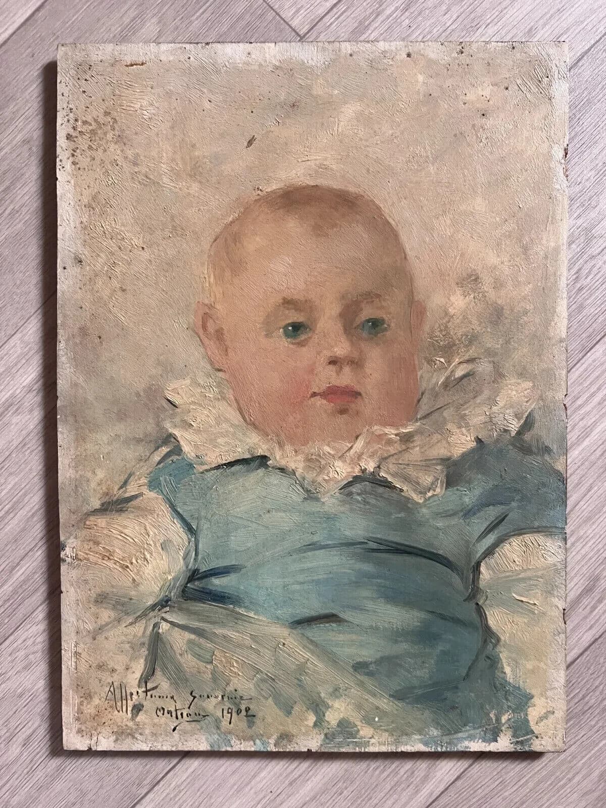 Antique Old Painting signed Baby Portrait 1902 image 6