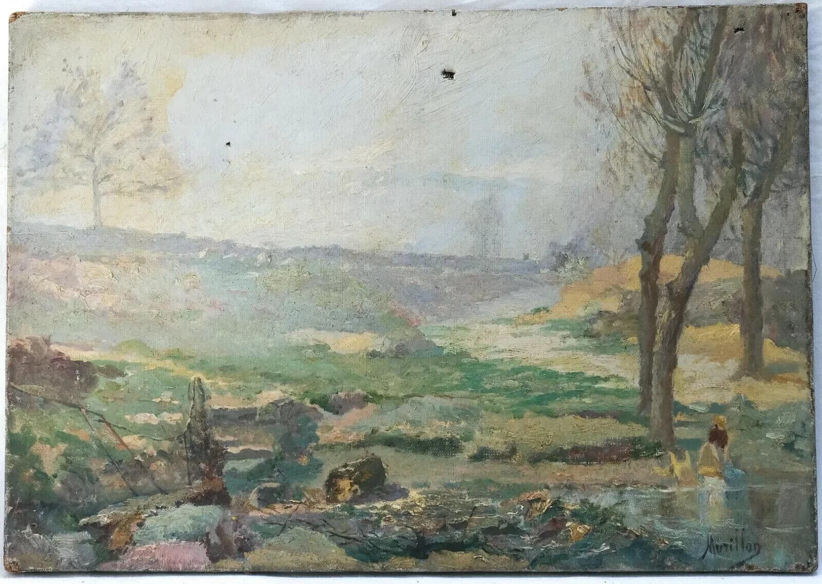 Antique Painting Oil Original 19th Landscape Woman Cleaning Laundry signed image 2