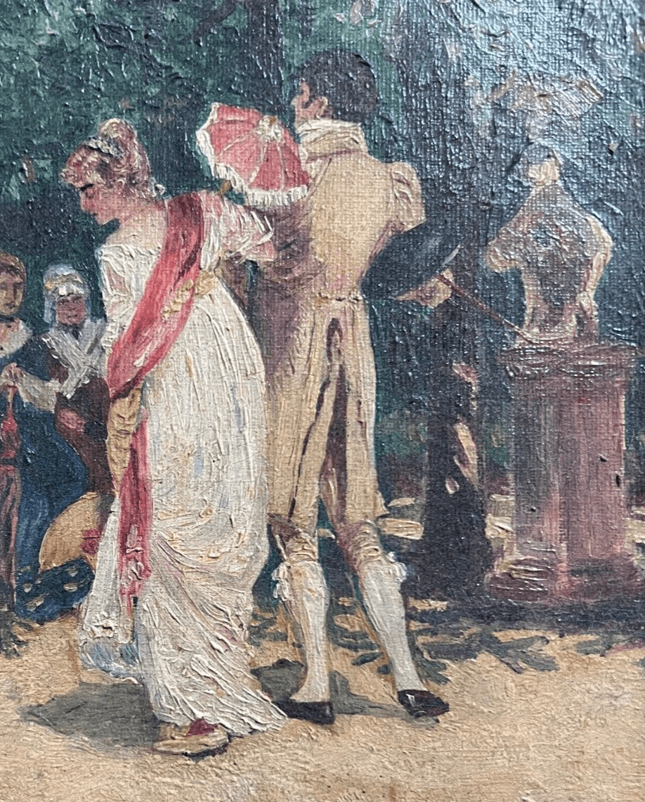 Antique Oil Original Painting People, Community, Couple, Park, Nature signed image 2