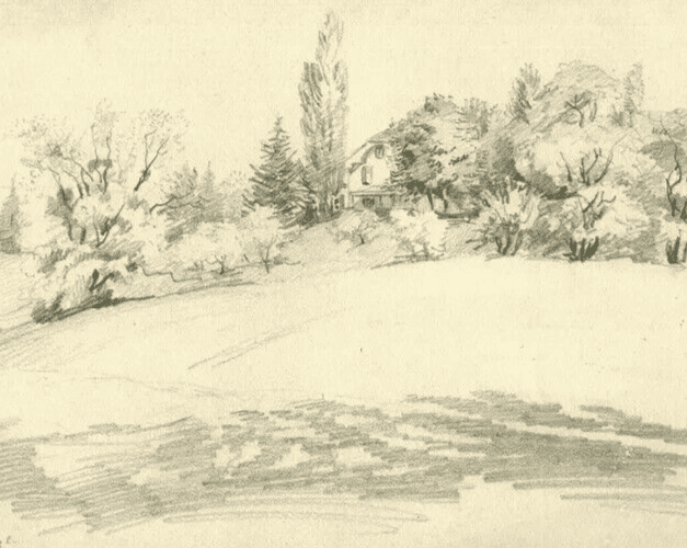 Vintage Pencil Original Drawing Sketch House, Garden. Landscape image 4