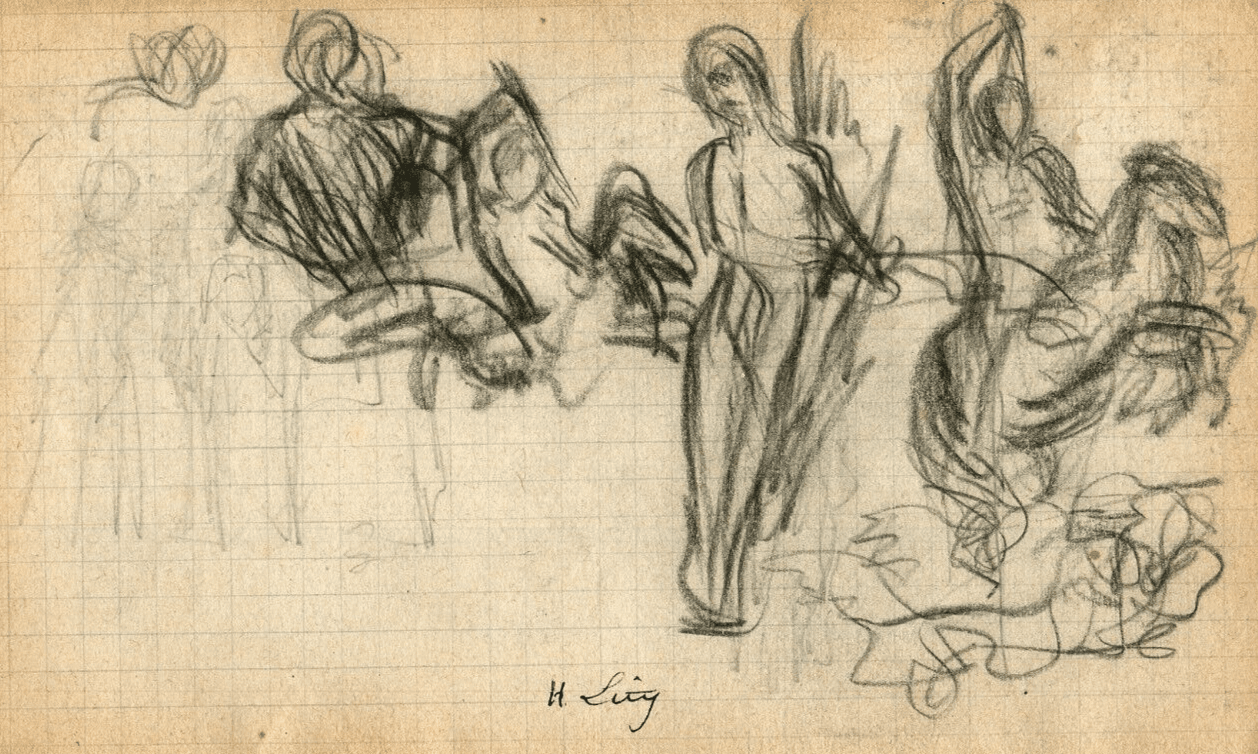 Vintage Pencil Drawing Original signed Sketch Figures, Horse
