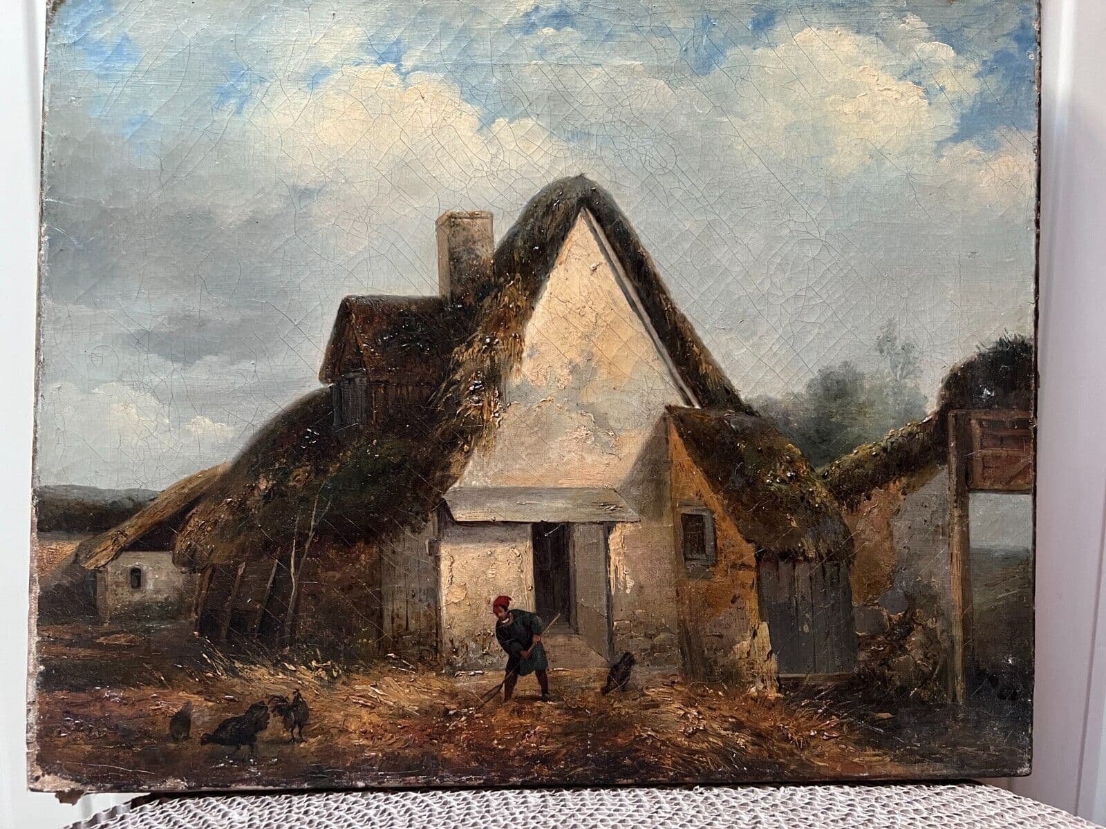 Antique Painting Original Landscape, Farm, Chicken, Man, House 19th century image 6