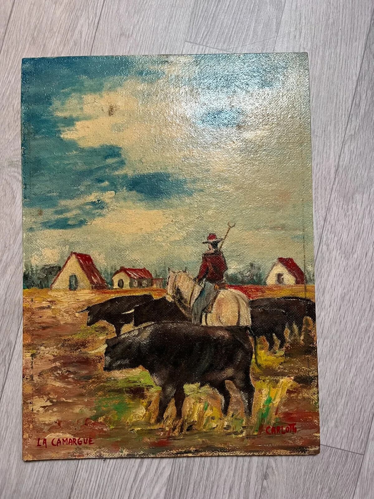 Modern Painting Signed Jean Albert CARLOTTI (1909-2003) Camargue Bulls Landscape image 4
