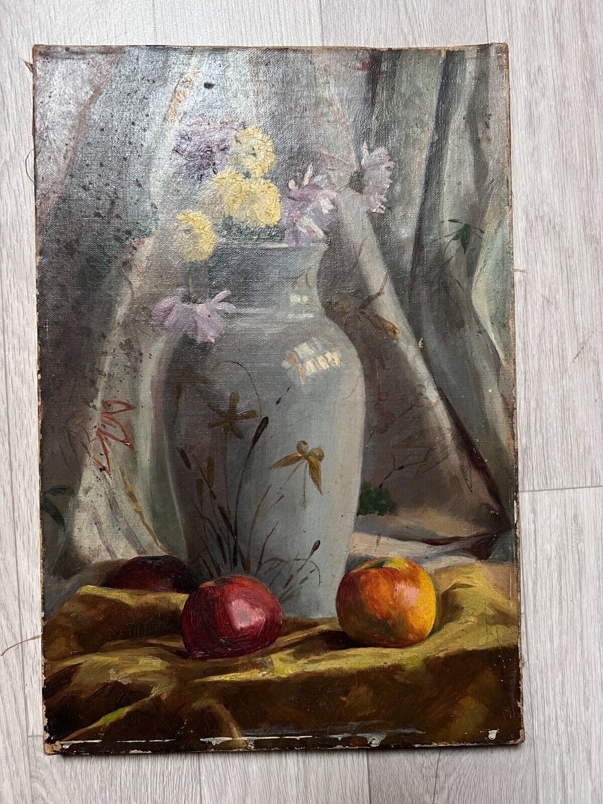 Antique Original Painting Still Life, Flowers, Vase, Apples 19th century image 2
