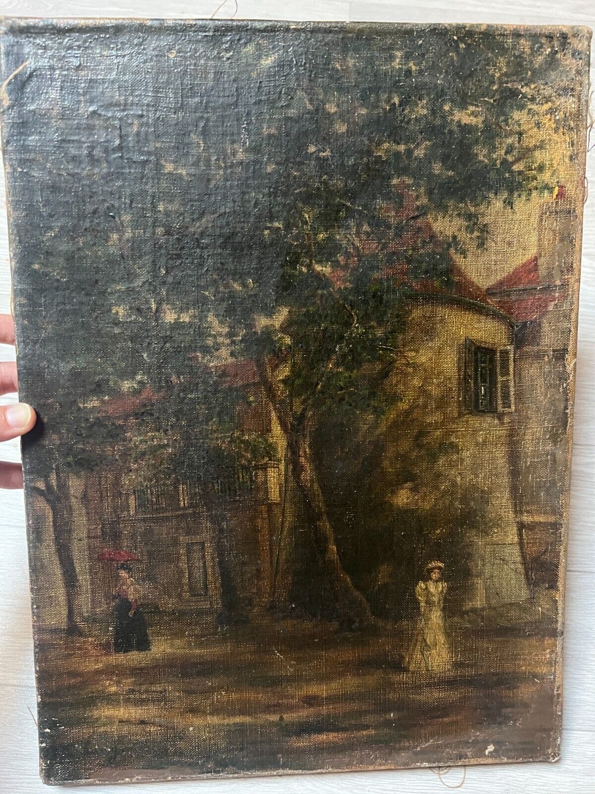 Antique Original Painting 19th century, Women, Cityview, Castle, Life, Trees image 4