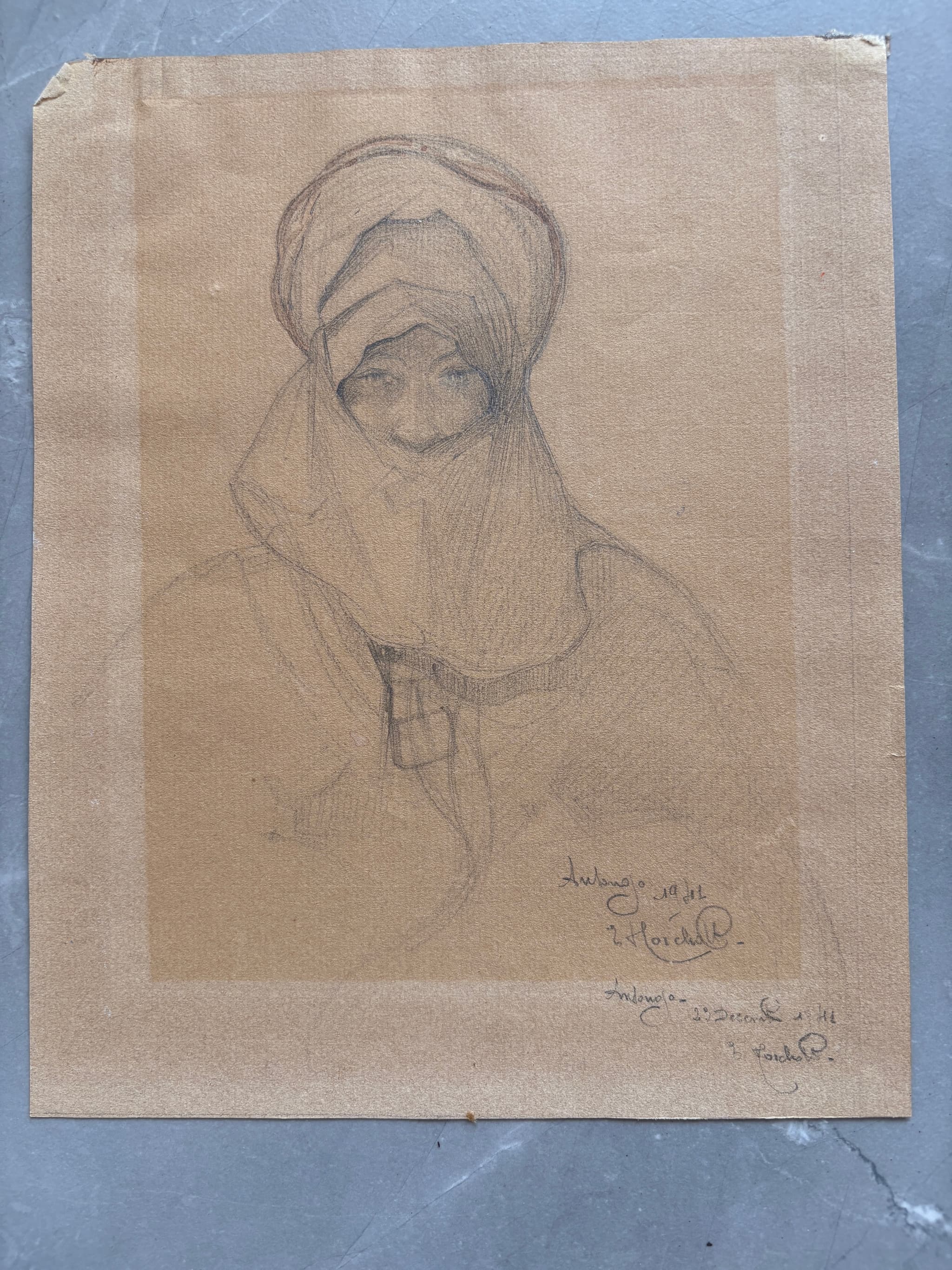 Drawing Orientalist Man Portrait with Turban, Madagascar signed image 2