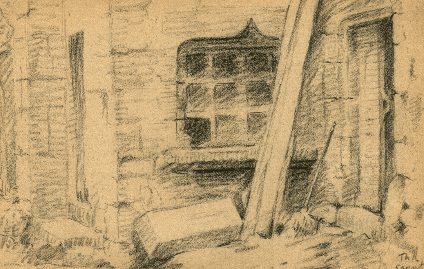 Vintage Pencil Original Drawing signed House, Building, Architecture 1935