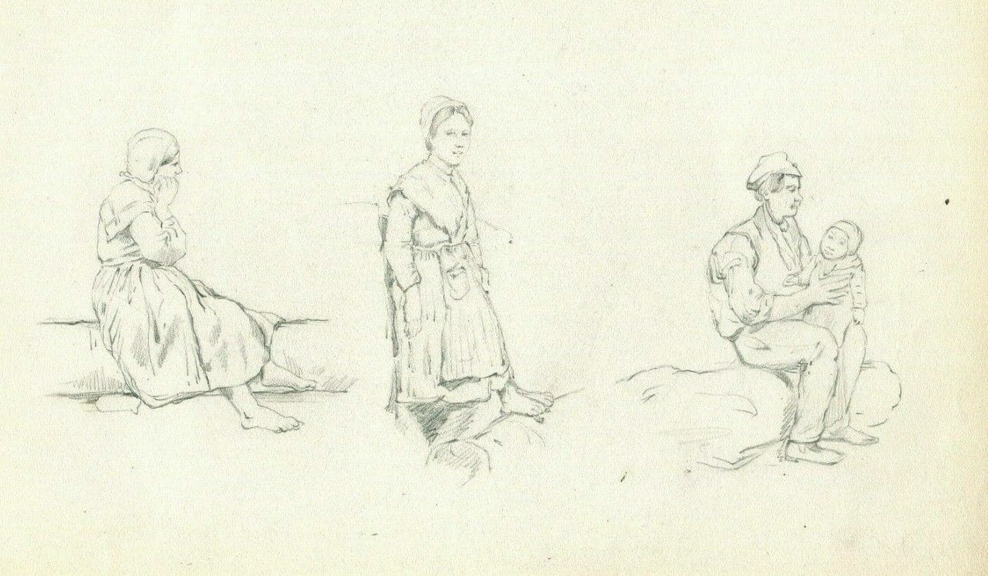 Vintage Old Pencil Drawing of Figures, Peasant and Baby image 1