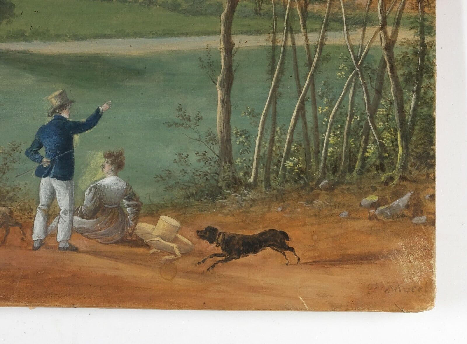 Antique Old Painting attrib Camille Pierre MORET (1803-1871) Couple with Dogs image 2