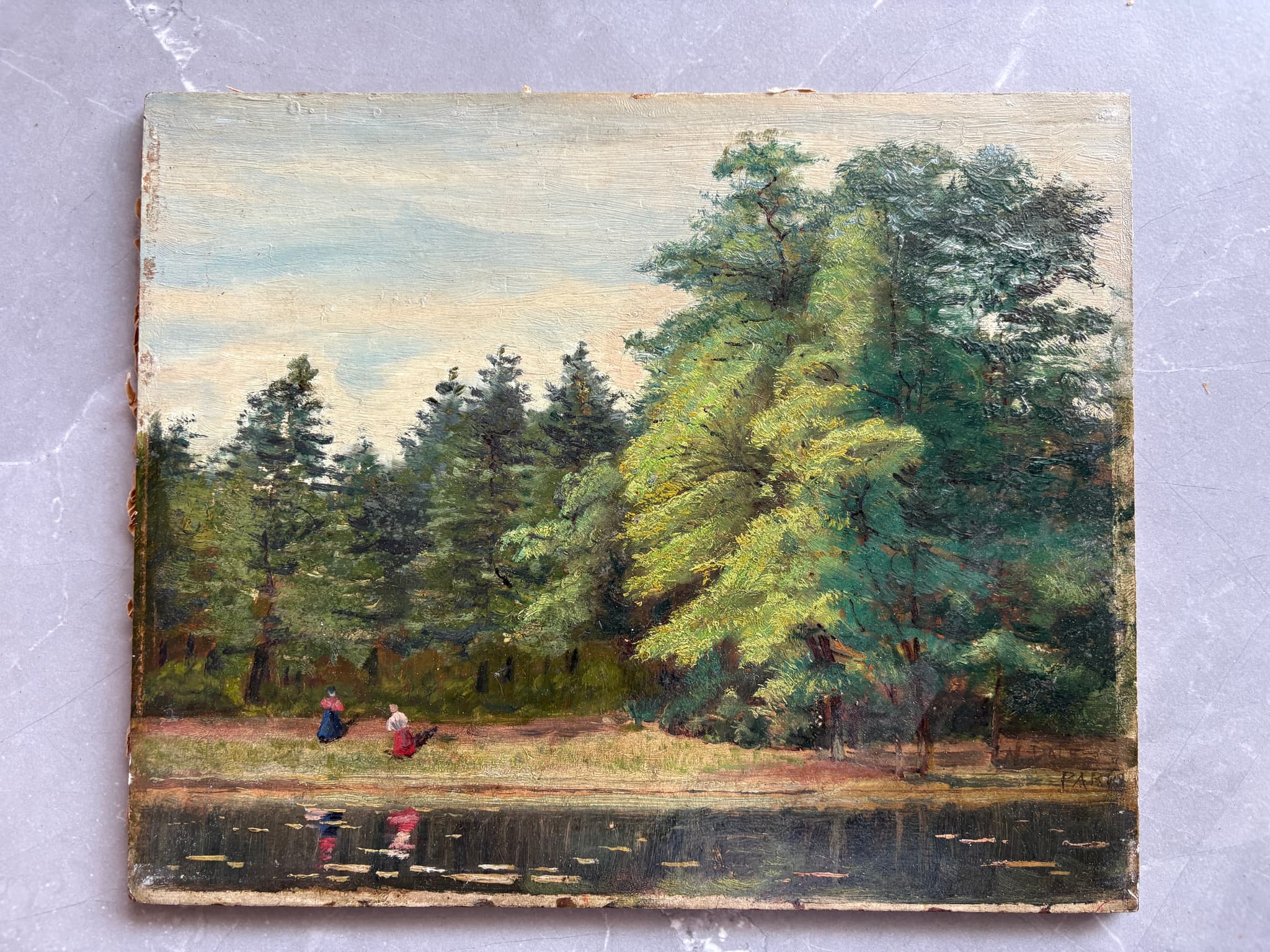 Antique Painting Original Landscape, People,Lake, Trees, Forest signed 19th image 3