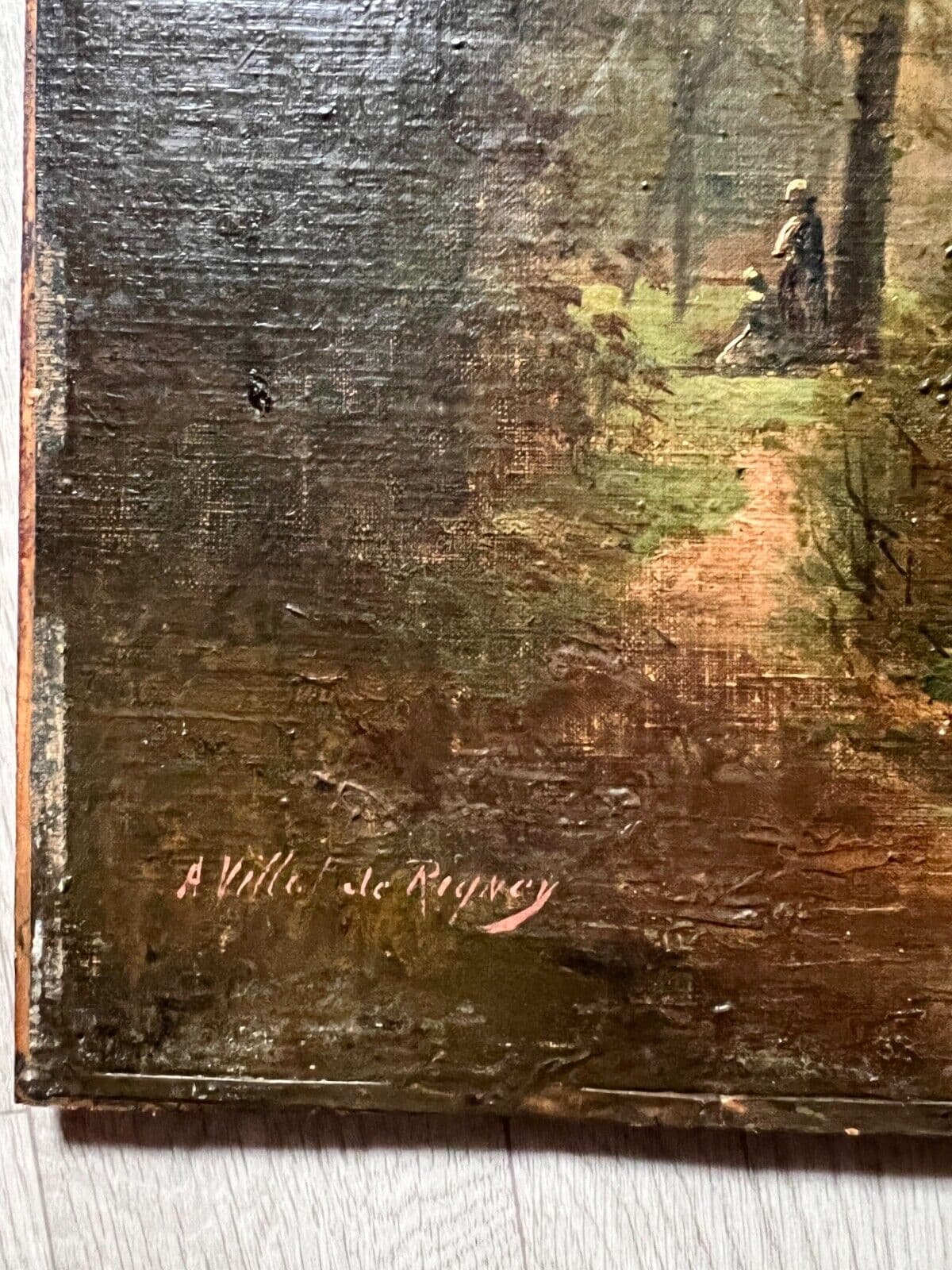 Antique Original Painting Landscape, Trees, Forest, People 19th century image 4