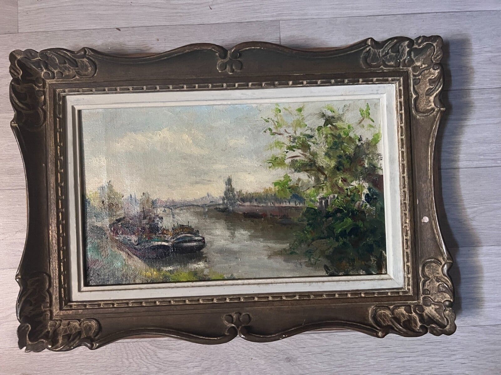 Antique Painting Original Landscape, Cityview, Boats, Bridge, River, Trees image 4