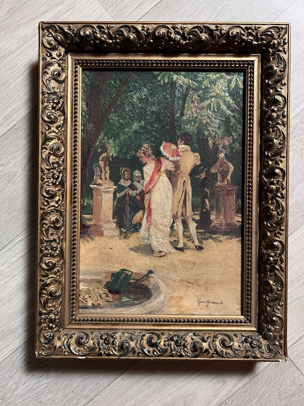 Antique Oil Original Painting People, Community, Couple, Park, Nature signed image 4