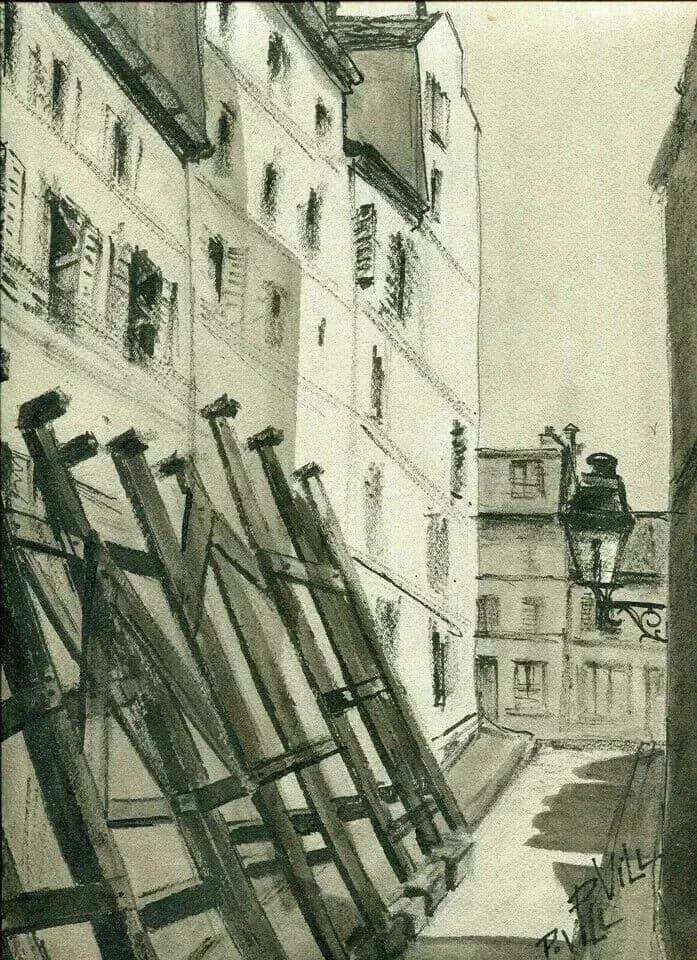 Vintage Ink Original Drawing City, War Time, Building signed Artwork image 5