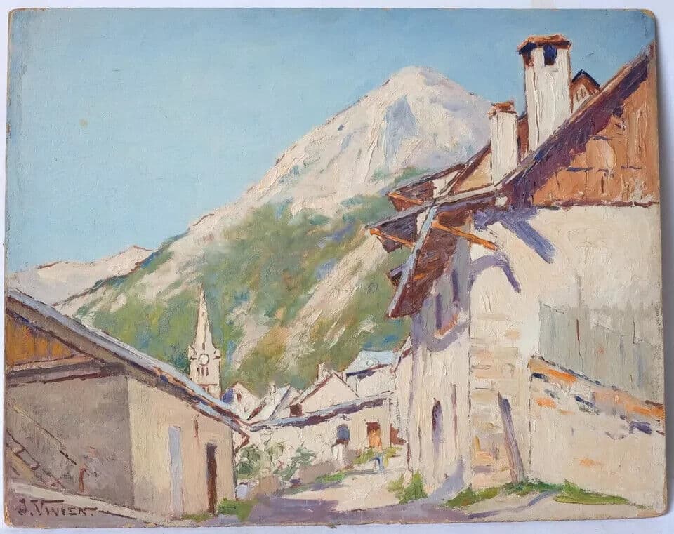Antique Original Painting Mountain Landscape, Town, Buildings image 2