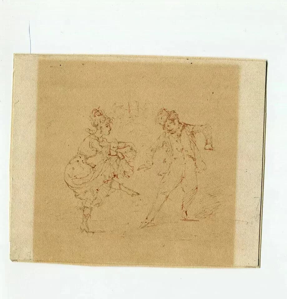 Antique Ink Drawing Original 19th century Dancing Man and Woman image 4