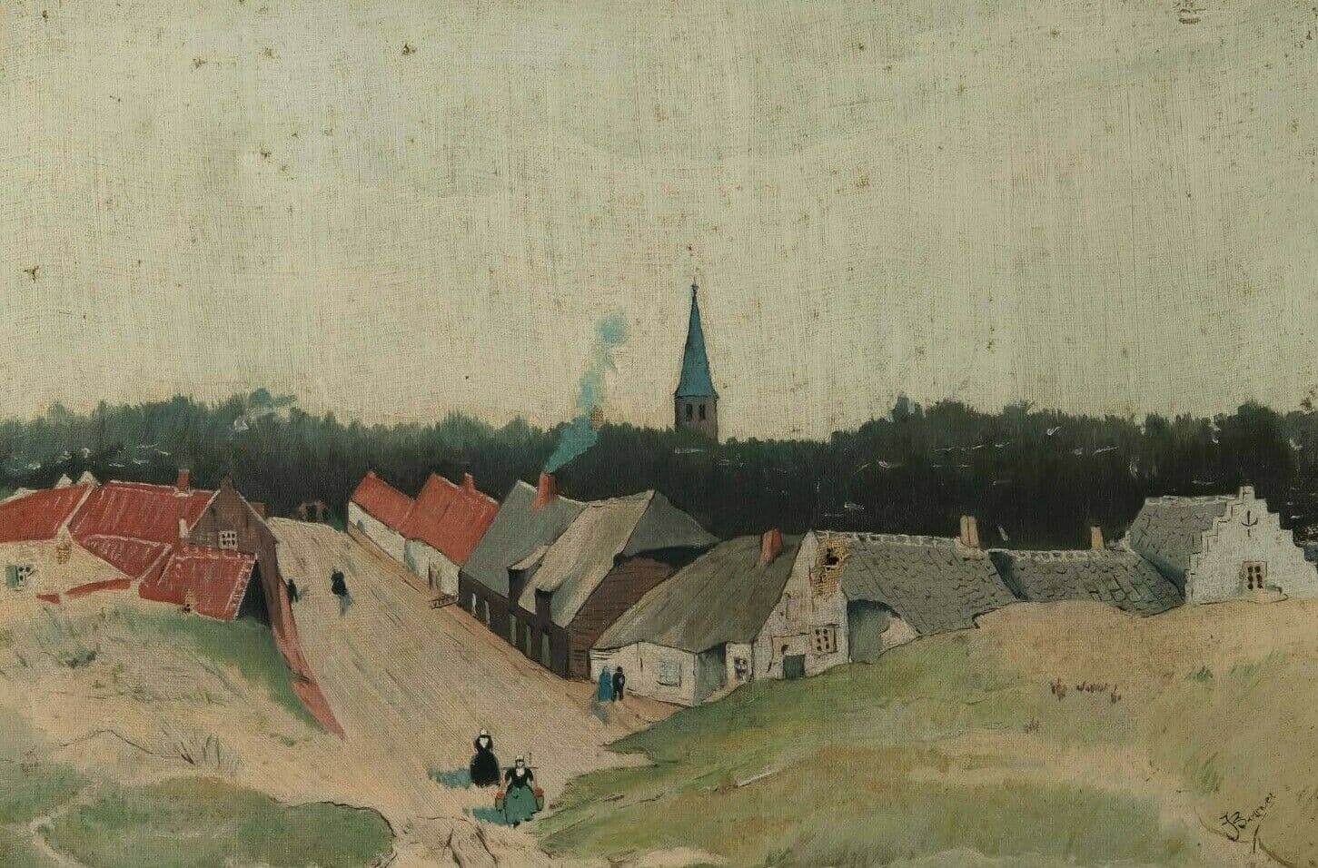 Antique Original Oil Painting Ciyview, Landscape, Breton, Village, People signed