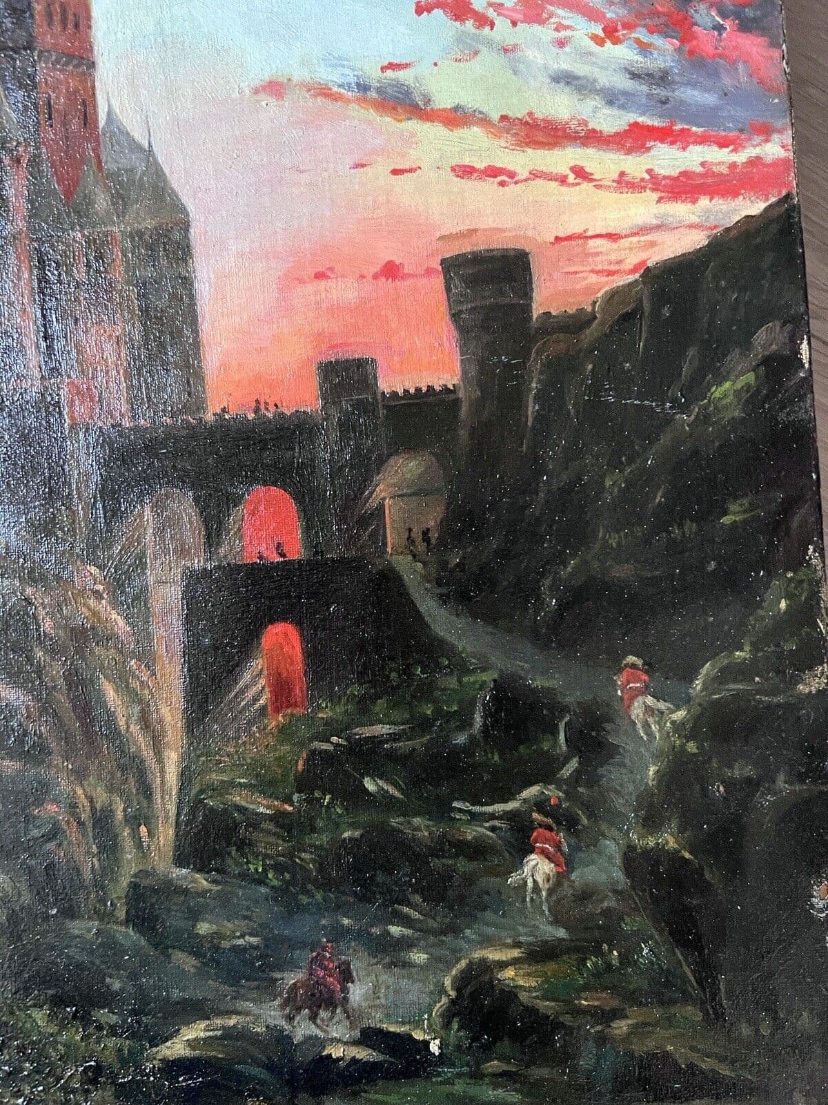 Painting Castle and Figures, Sunset 19th Century image 5