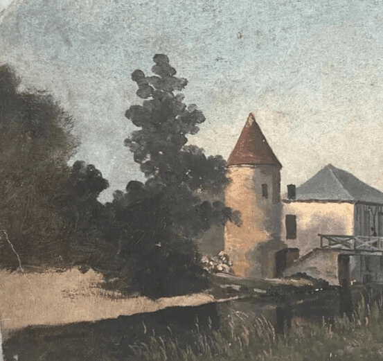 Antique Original Painting Landscape, River, House, Trees, Bridge image 3