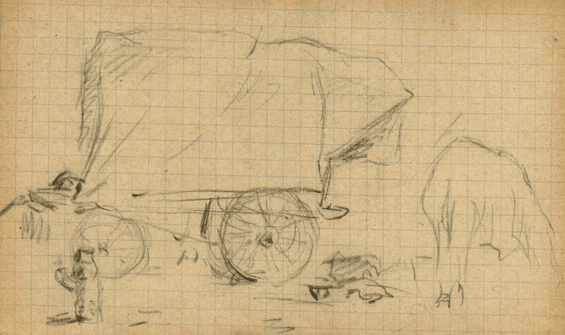 Vintage Pencil Original Drawing Caravan, Plow Sketch, Life Scene image 1
