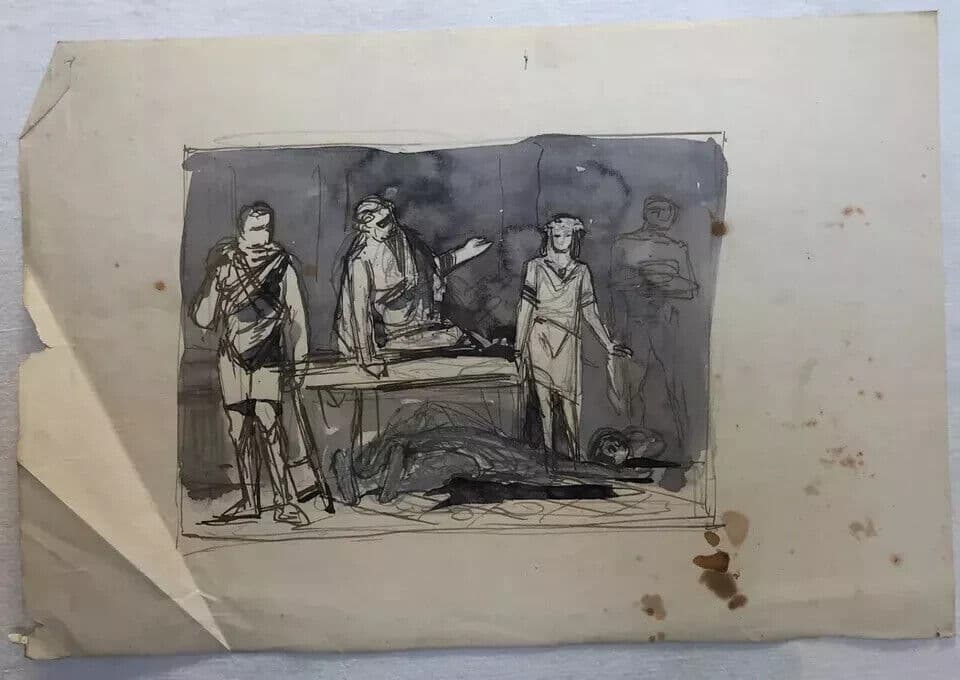 Vintage Original Drawing Man on a Bed, People, Death image 6