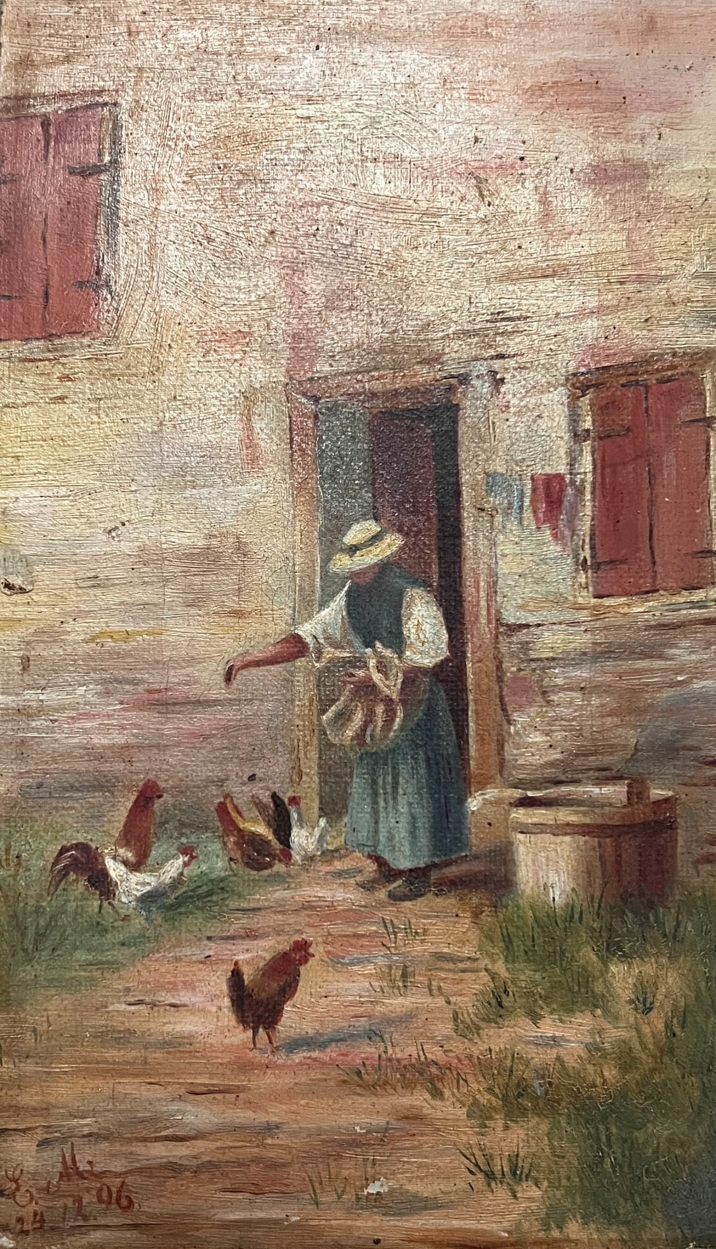 Painting Farming Woman Giving Food to Chicken 1896 image 1