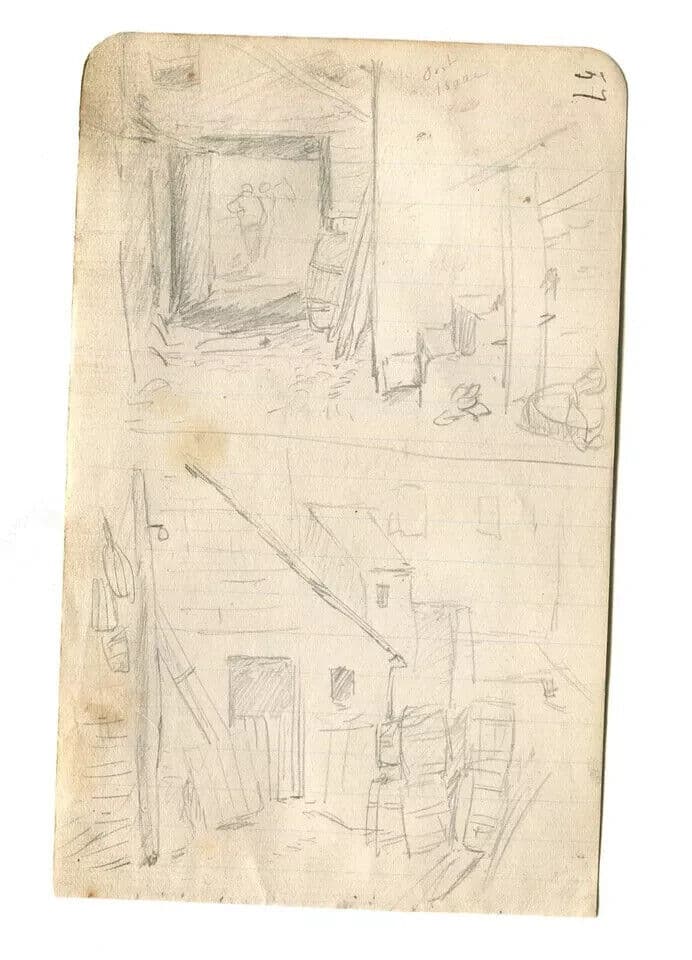 Antique Pencil Drawing Original House, Interior, Scene of life image 5