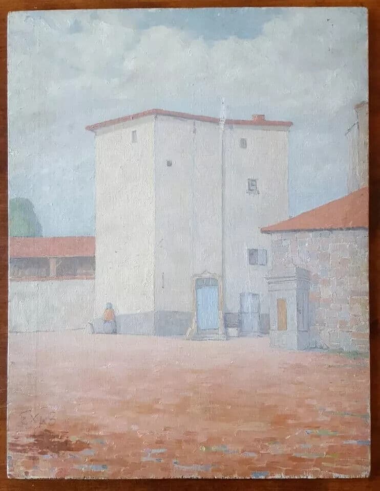Antique Oil Original Painting City views Landscape, Houses and People image 7