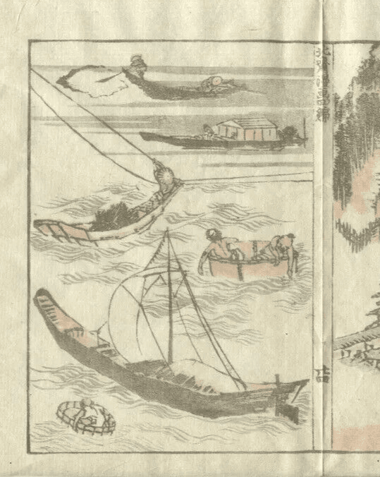 Antique Japanese WoodPrint Boat, Temple and Fir c. 1890 Asian Art Print Ukiyo-e image 2