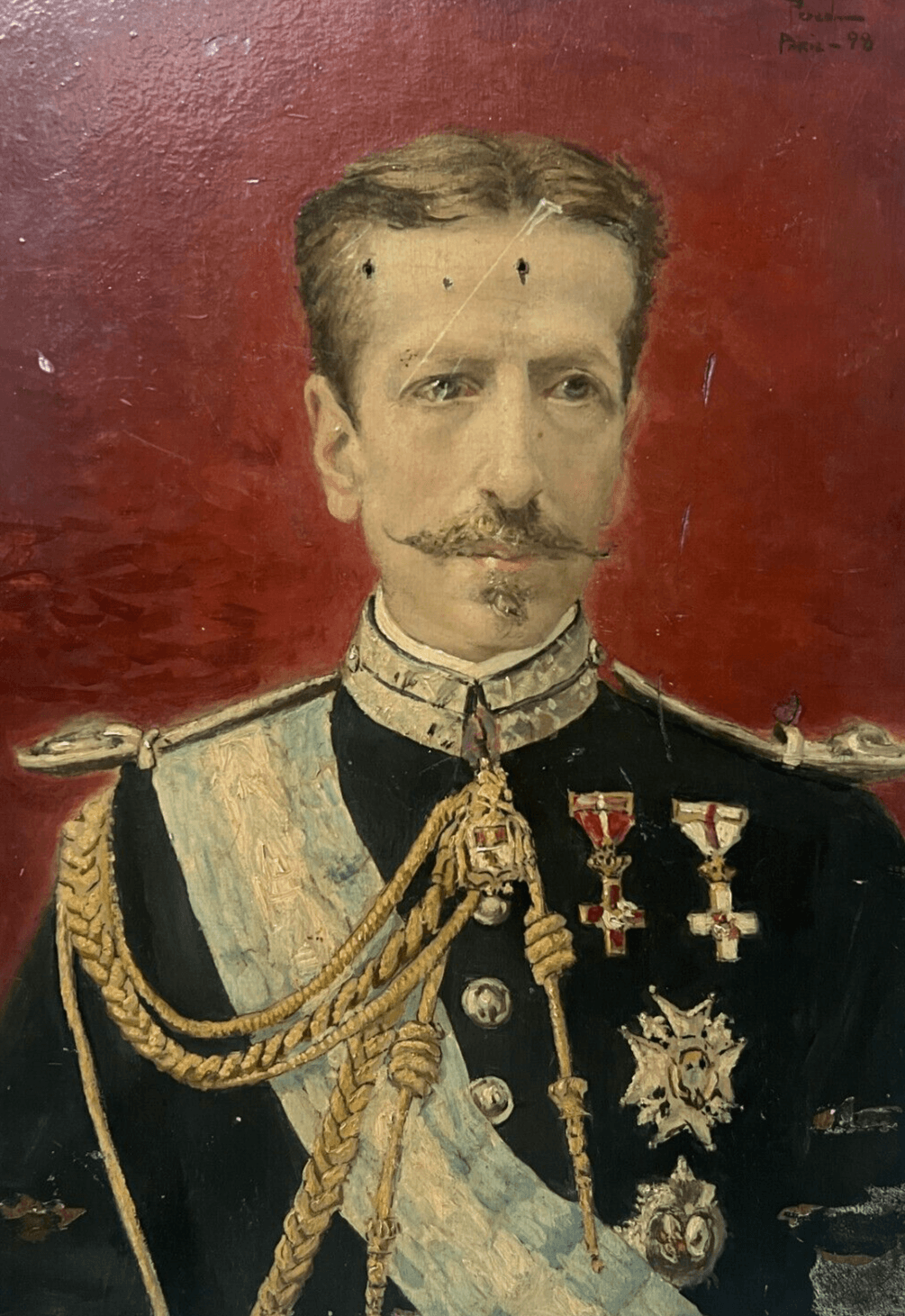 Antique Painting Original Man, Portrait, Military, Charles III signed