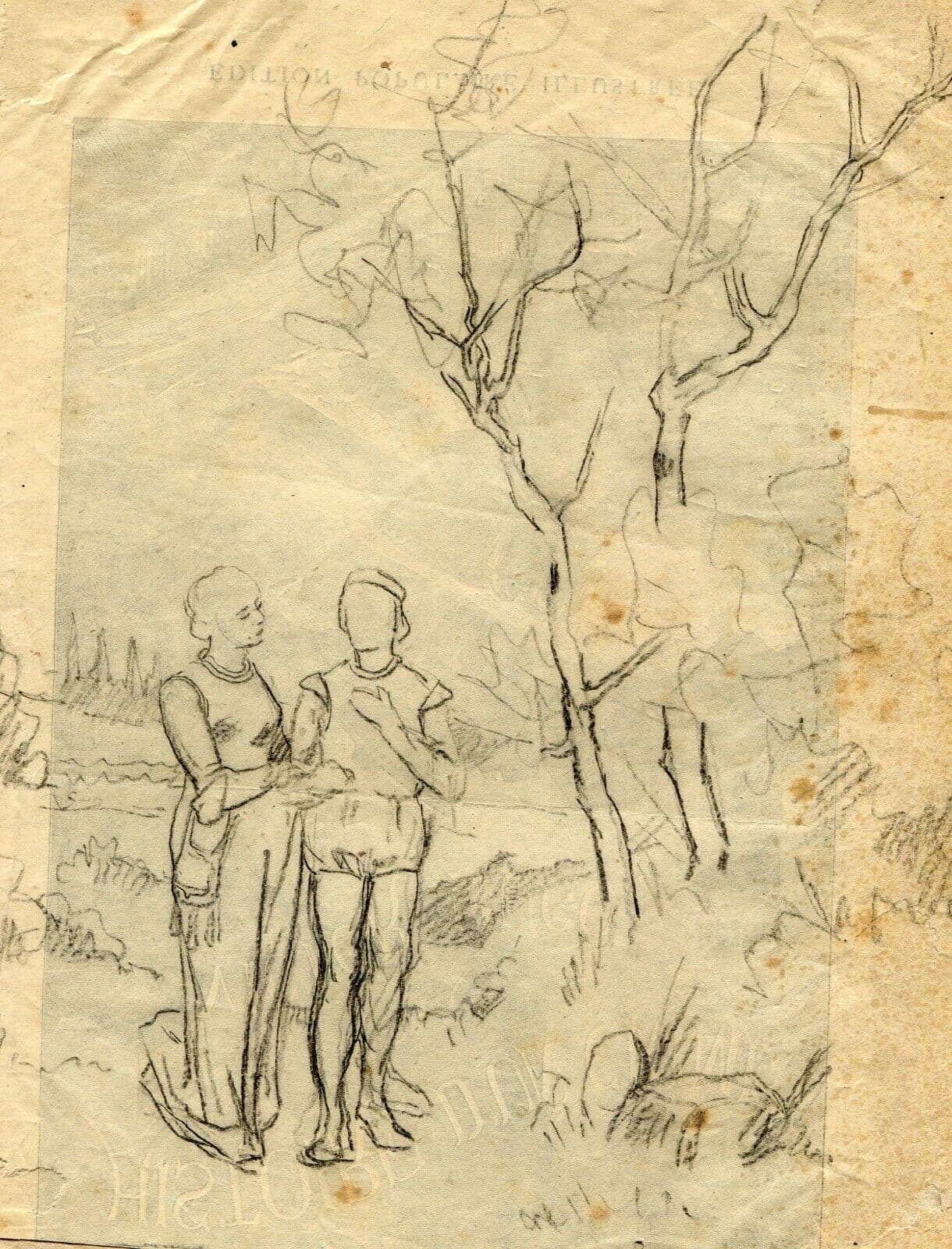 Antique Pencil Drawing Vintage Pre Raphaelite Figures, Dikeos Collection image 2